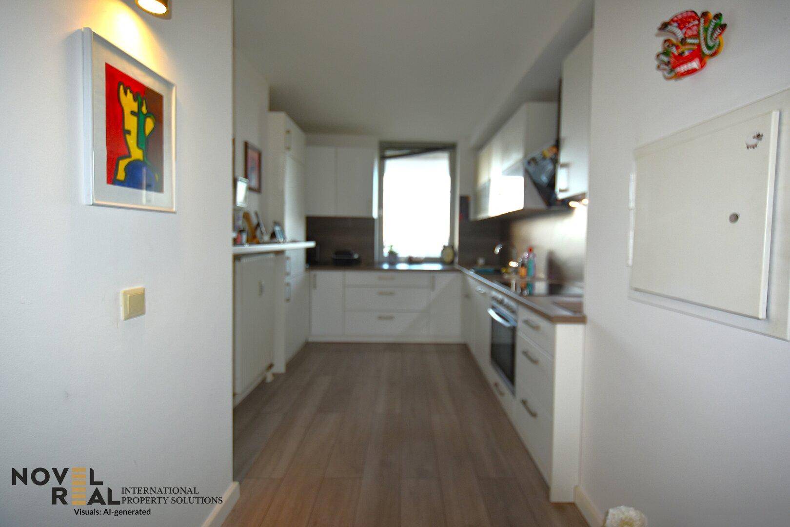 Funktionale Küche mit weißen Schränken, Holz-Arbeitsplatte und Fenster.