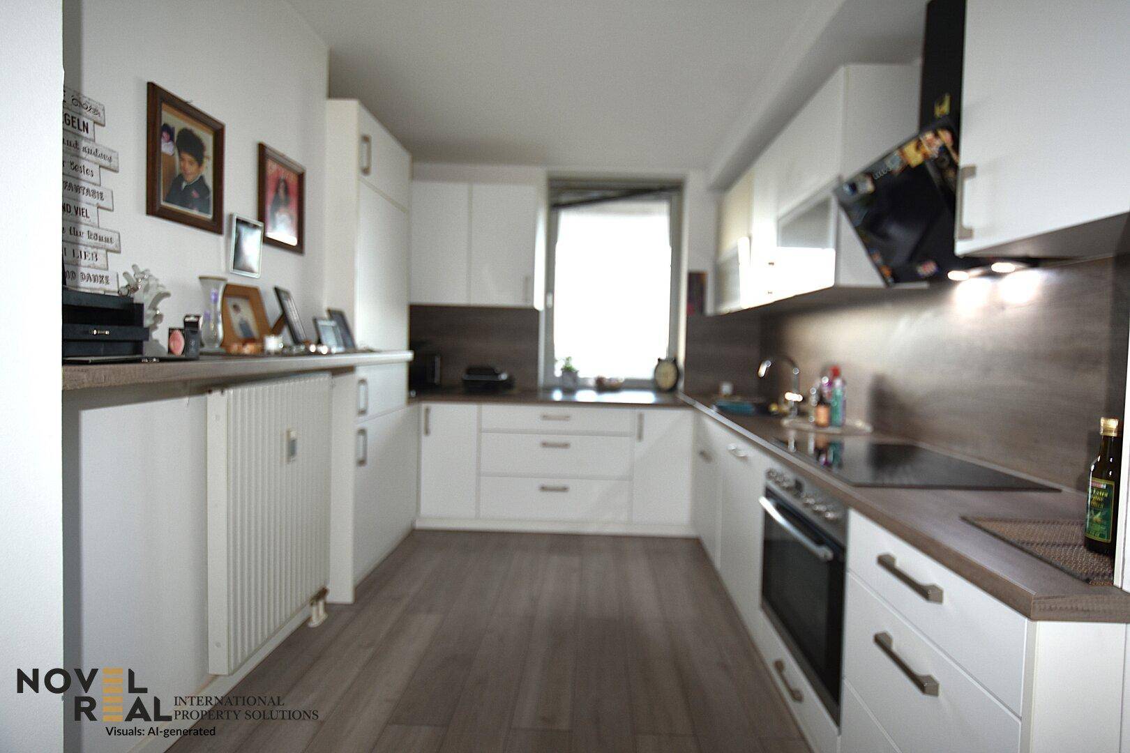Moderne Einbauküche mit weißen Fronten, Induktionskochfeld und Dunstabzugshaube.