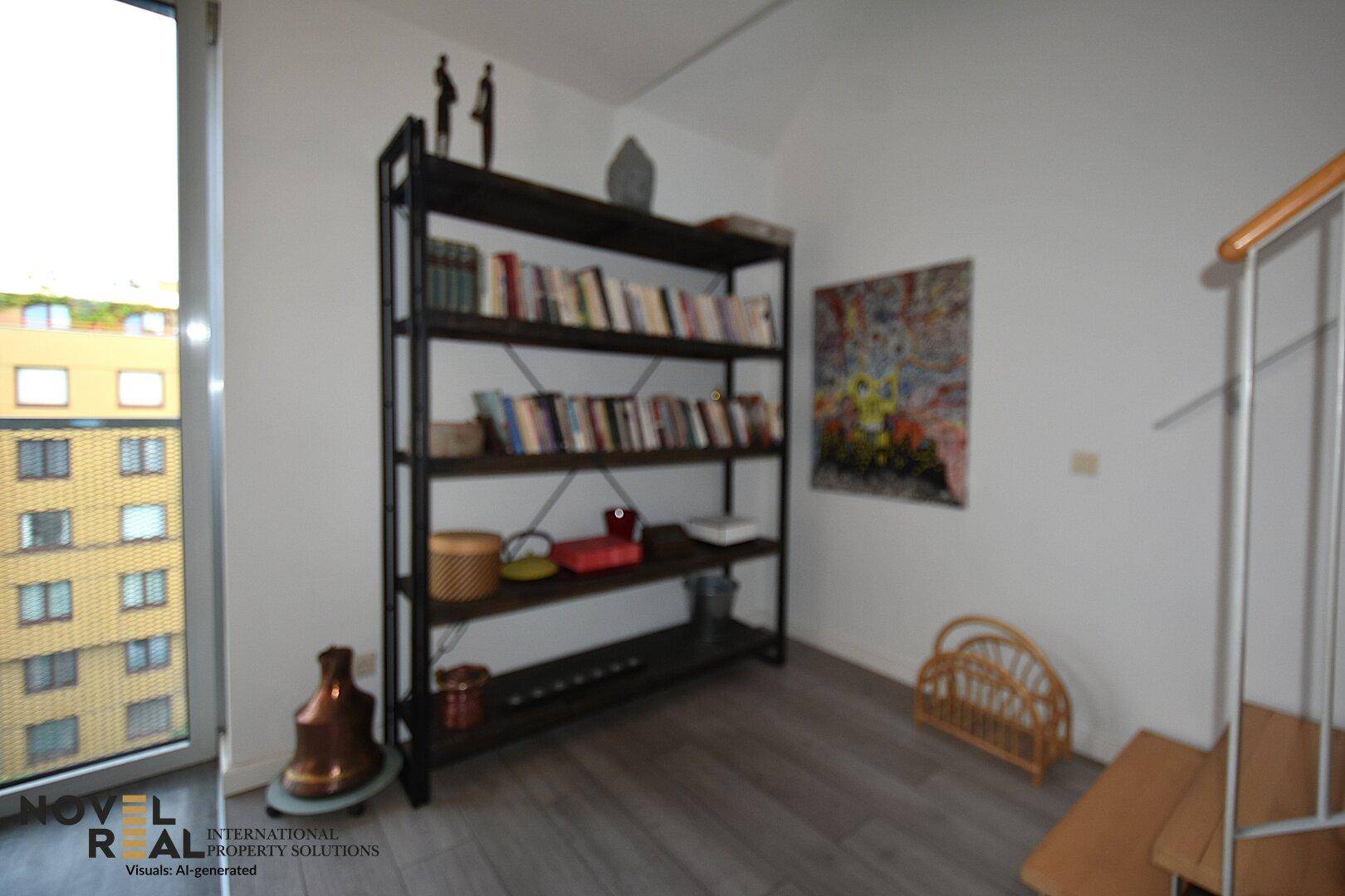 Heller Bereich neben der Treppe mit Bücherregal und Blick nach draußen.