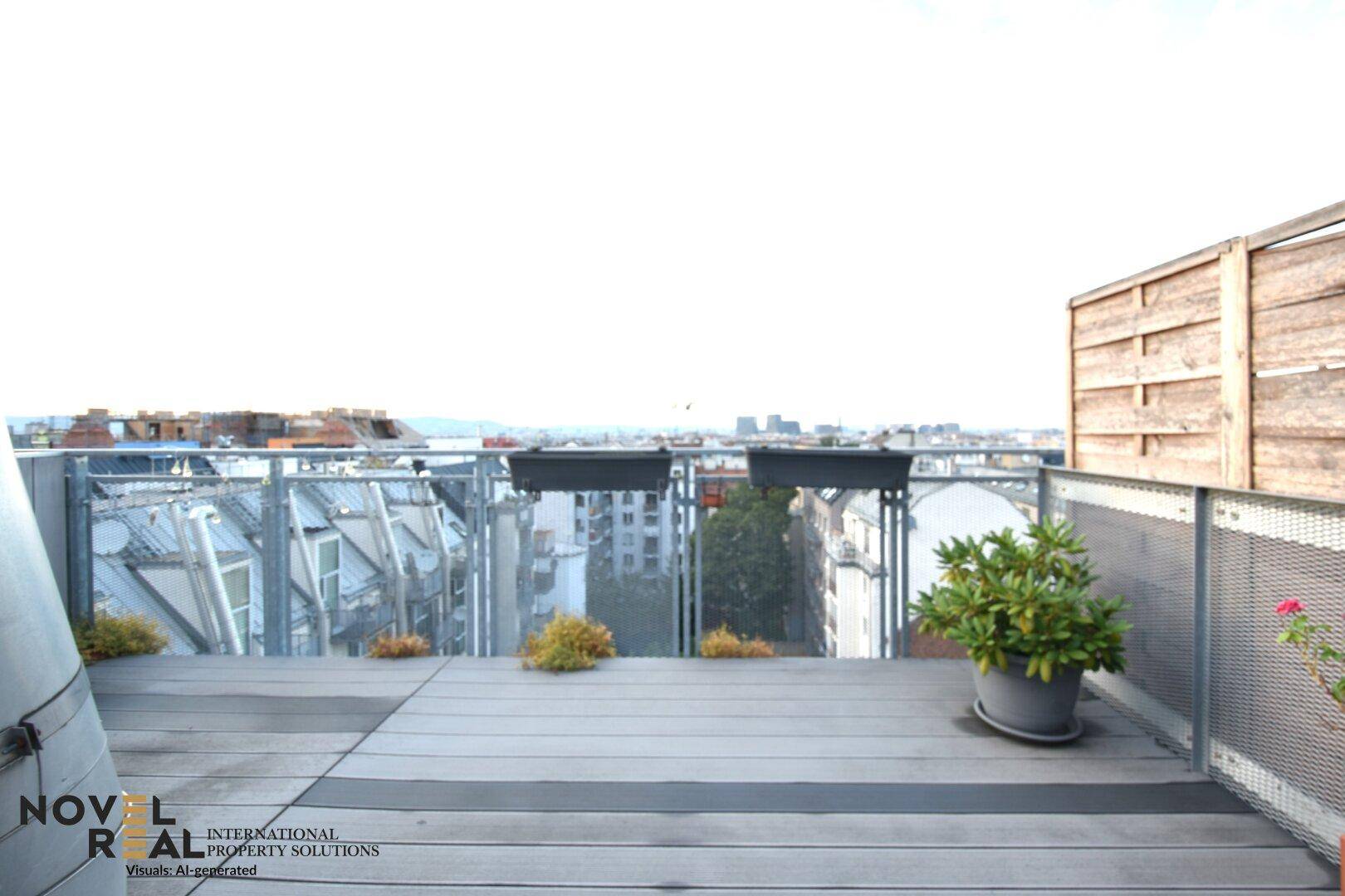 Geräumige Dachterrasse mit modernen Holz-Kunststoff-Dielen und weitem Stadtpanorama.