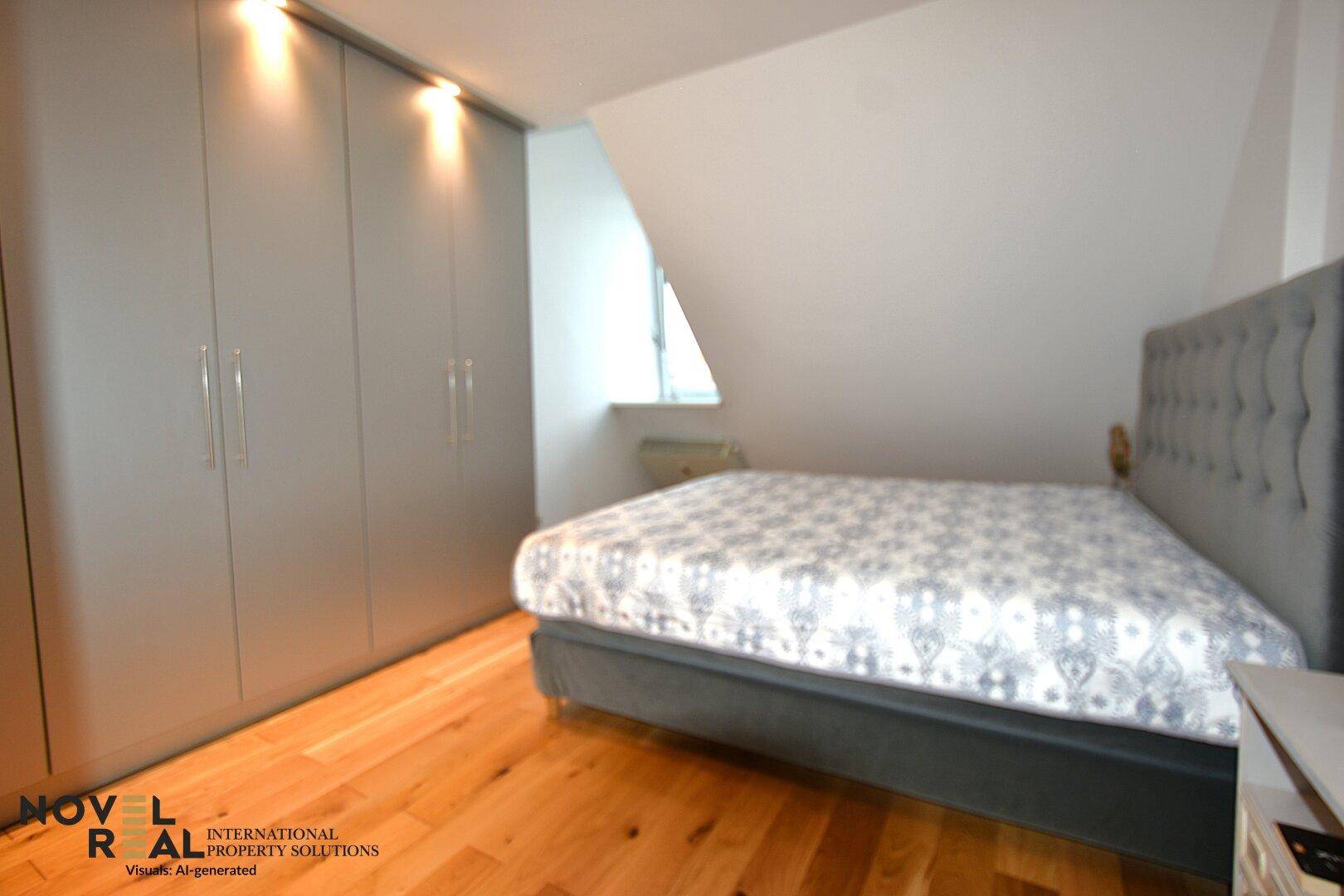 Schlafzimmer mit großem Bett, Einbauschränken und Dachschräge.