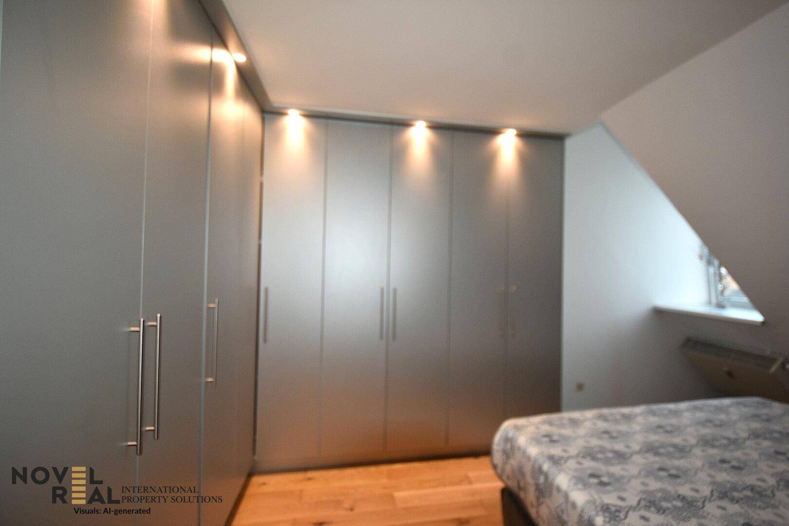 Schlafzimmer mit modernen Einbauschränken und indirekter Beleuchtung.