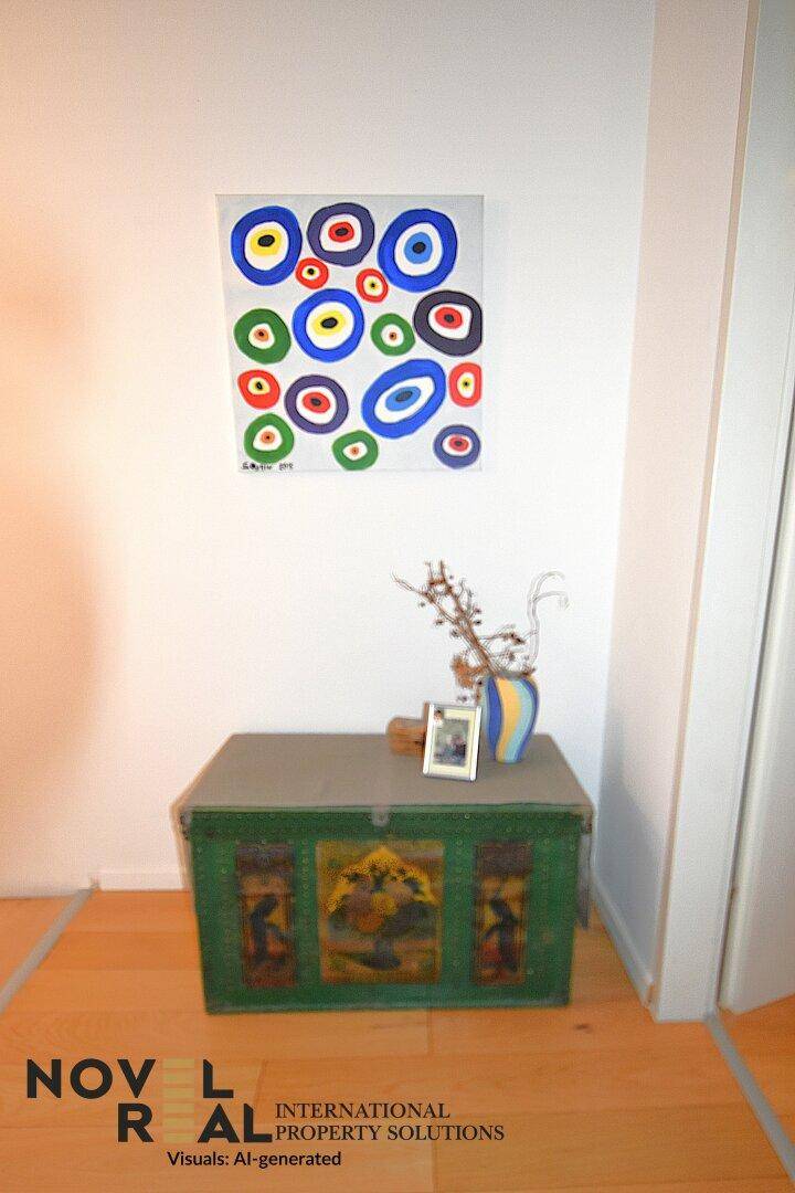 Heller Flur mit einer verzierten Truhe und einem modernen, bunten Bild.