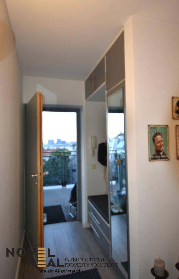 Heller Flur mit Einbauschränken, Spiegel und Zugang zu einem Außenbereich mit Stadtblick.