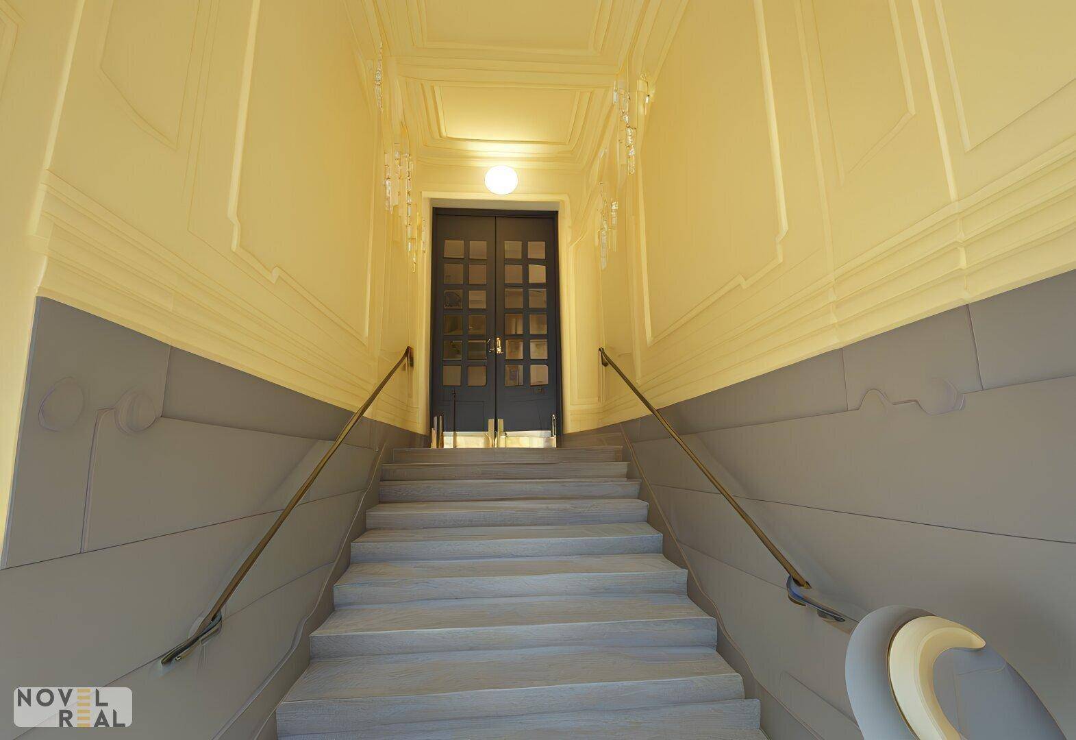 Elegantes Treppenhaus mit gelben Wänden, grauer Verkleidung und klassischer Doppeltür.