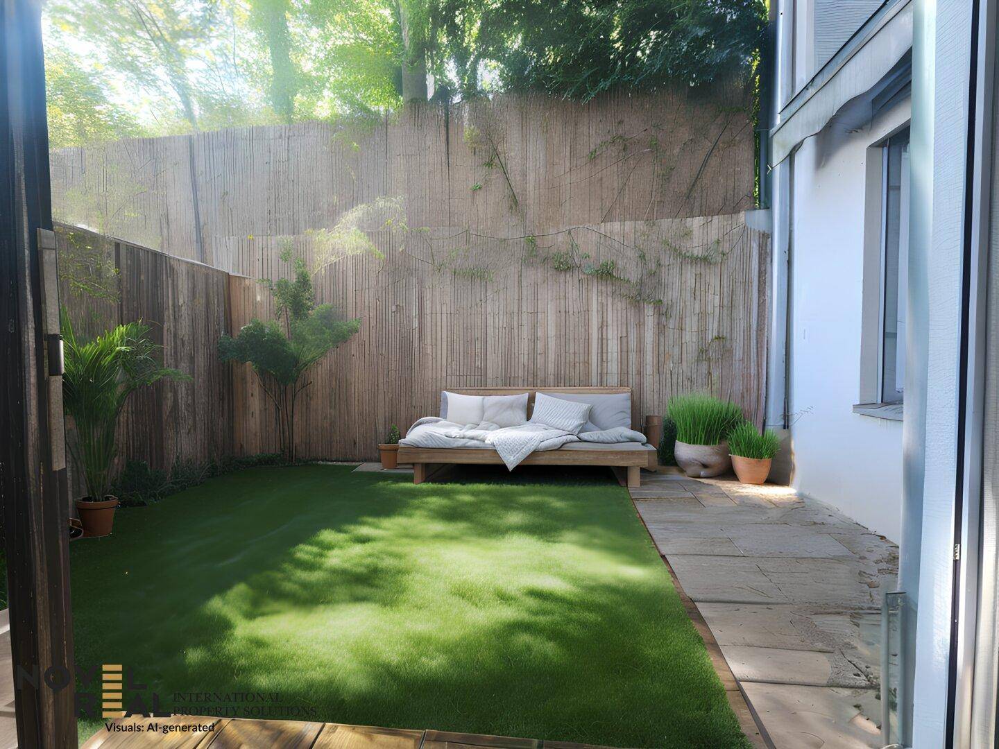 Kleiner, gepflegter Garten mit Kunstrasen, Bambuszaun und einer gemütlichen Outdoor-Liege.