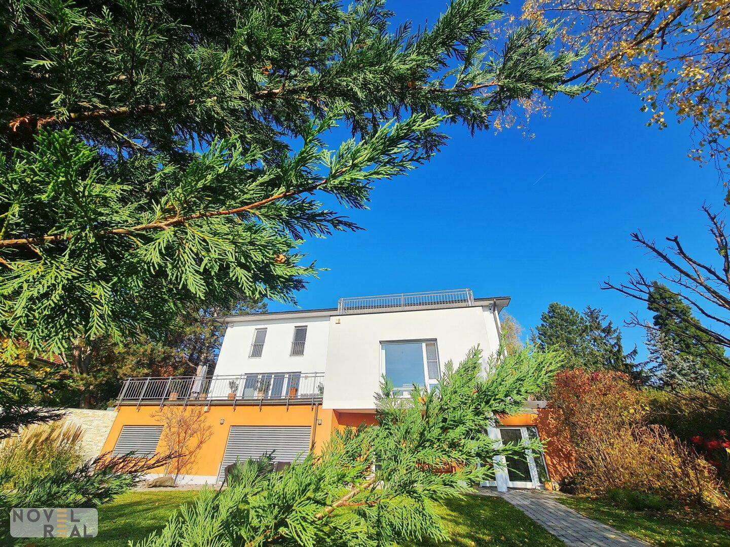 Moderne Hausfassade mit großen Fenstern, umgeben von üppiger Vegetation und Bäumen.