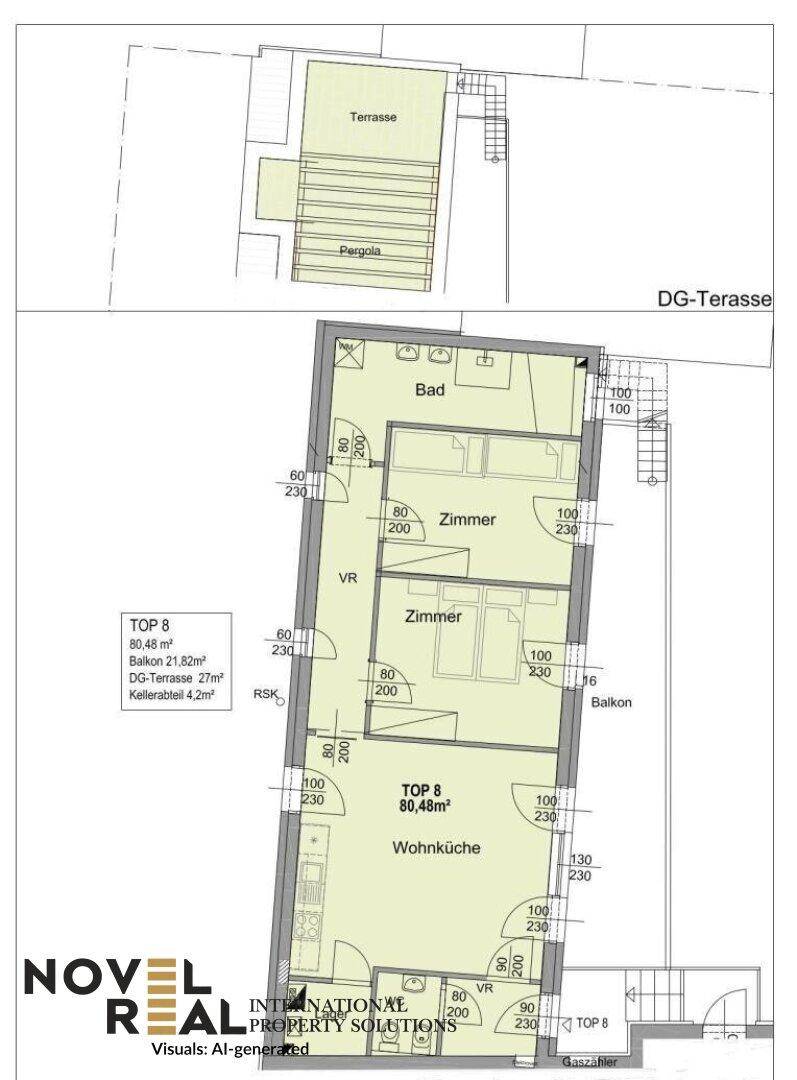 Grundriss der Wohnung TOP 8 mit Wohnküche, zwei Zimmern und Terrasse.