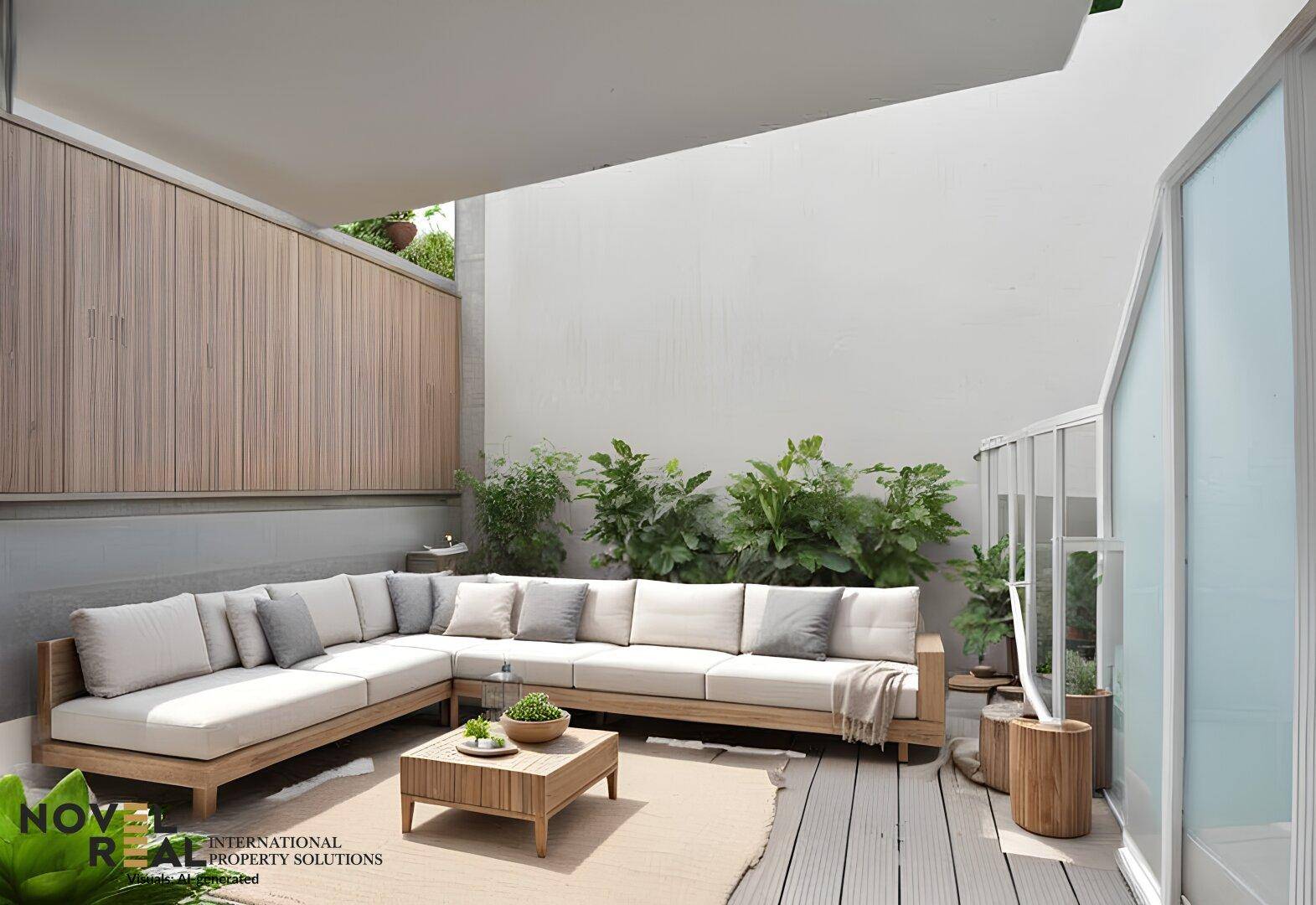 Gemütliche Terrasse mit moderner Lounge-Sitzgruppe und Holzboden für entspannte Stunden im Freien.