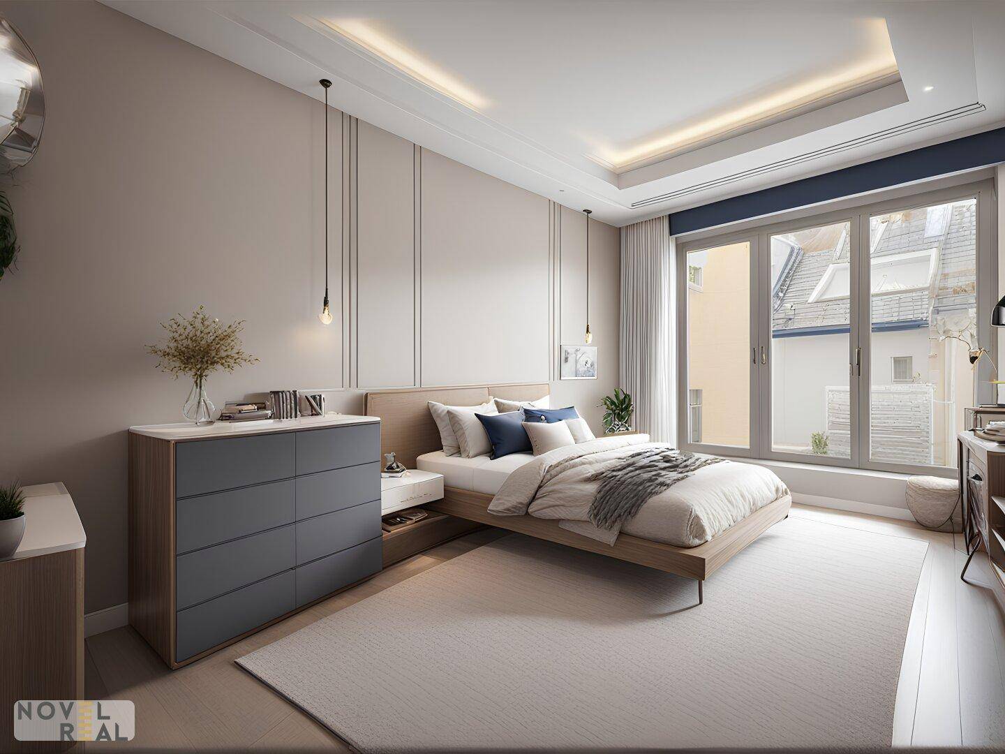 Modernes Schlafzimmer mit großem Fenster, bequemen Bett und stilvoller Kommode.