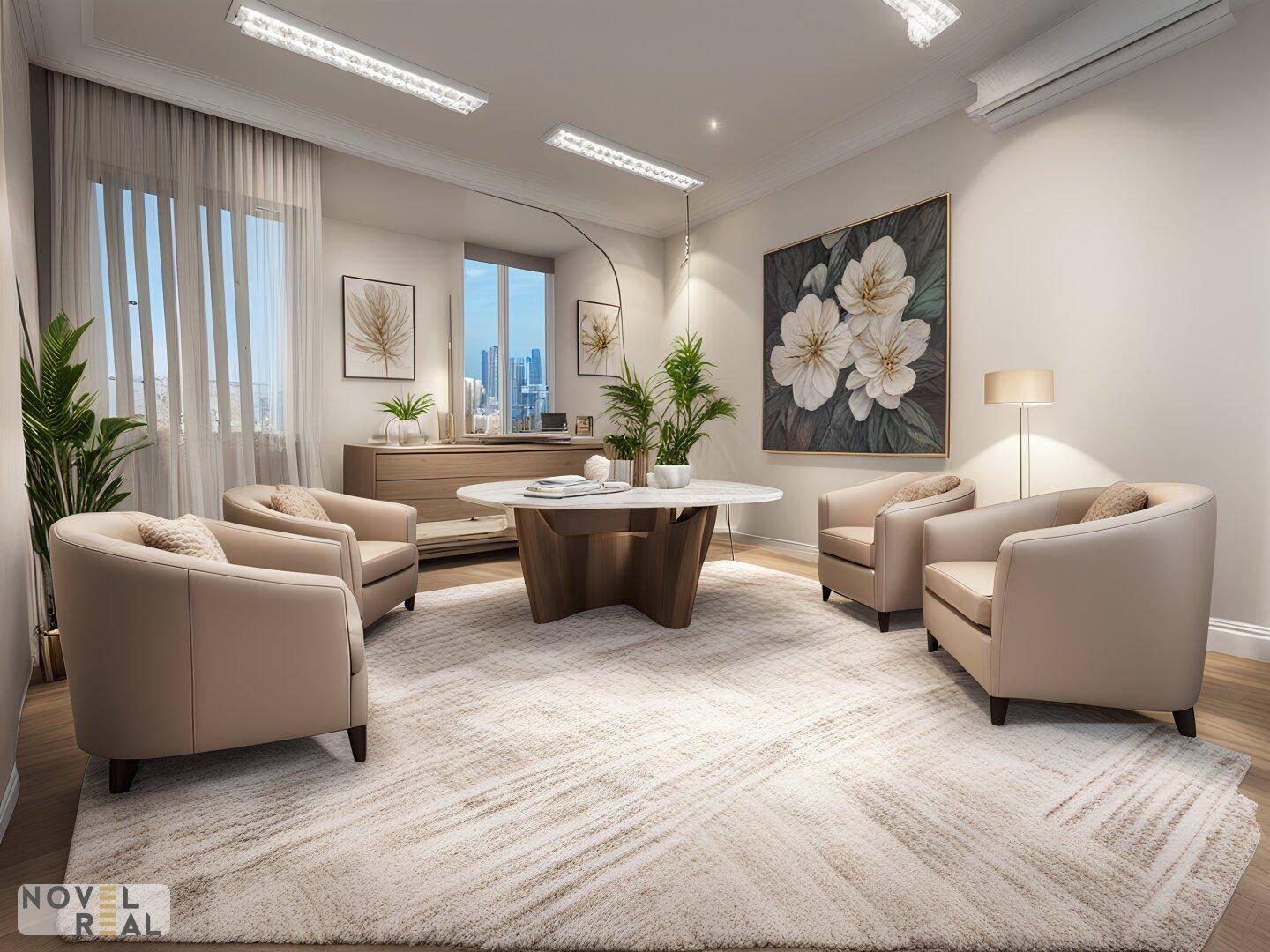 Eleganter Wohnbereich mit vier beigen Sesseln, rundem Tisch und großem Blumenbild an der Wand.