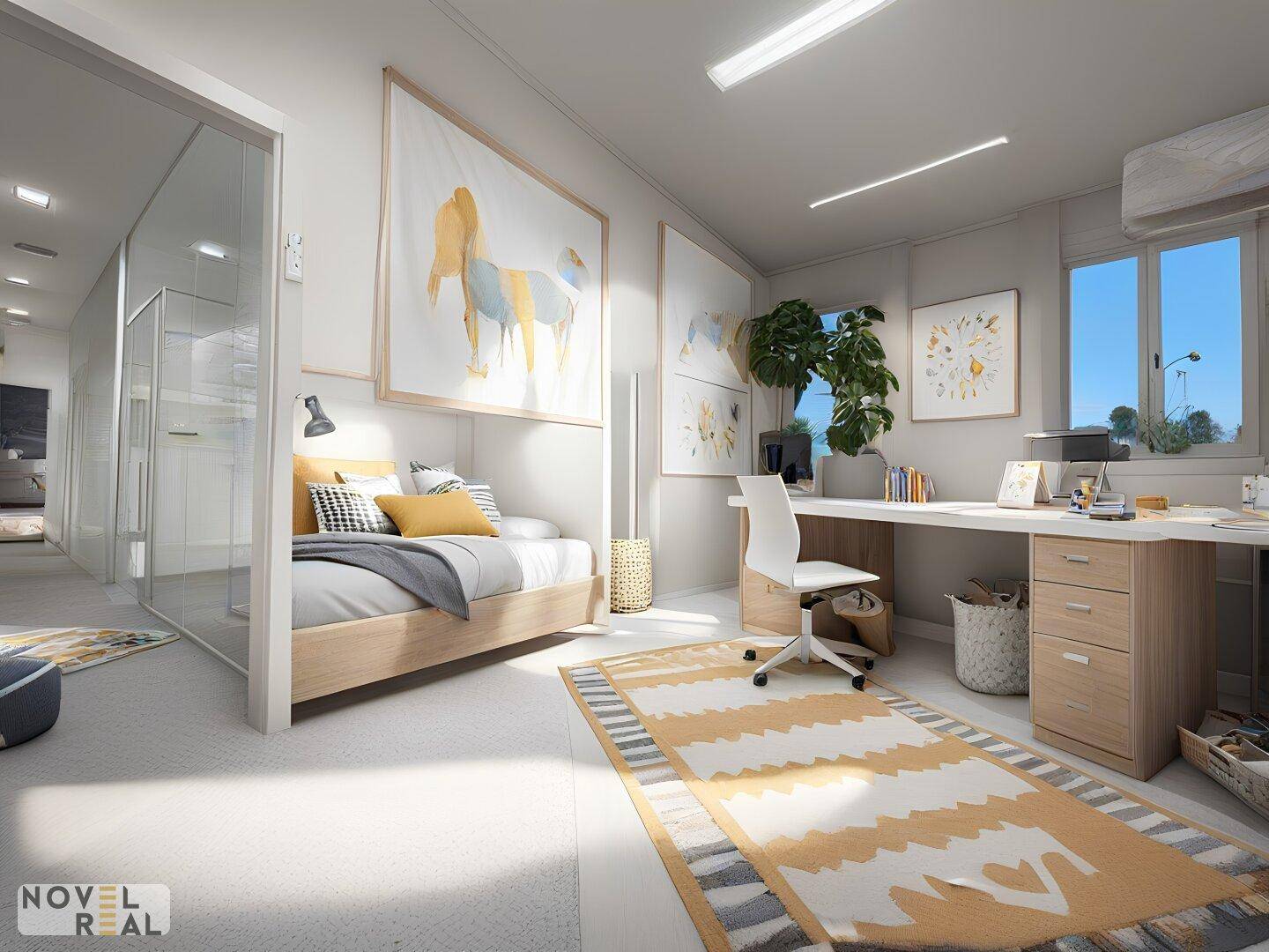Helles Schlafzimmer mit integriertem Arbeitsbereich, großem Bett und farbenfrohen Teppich.