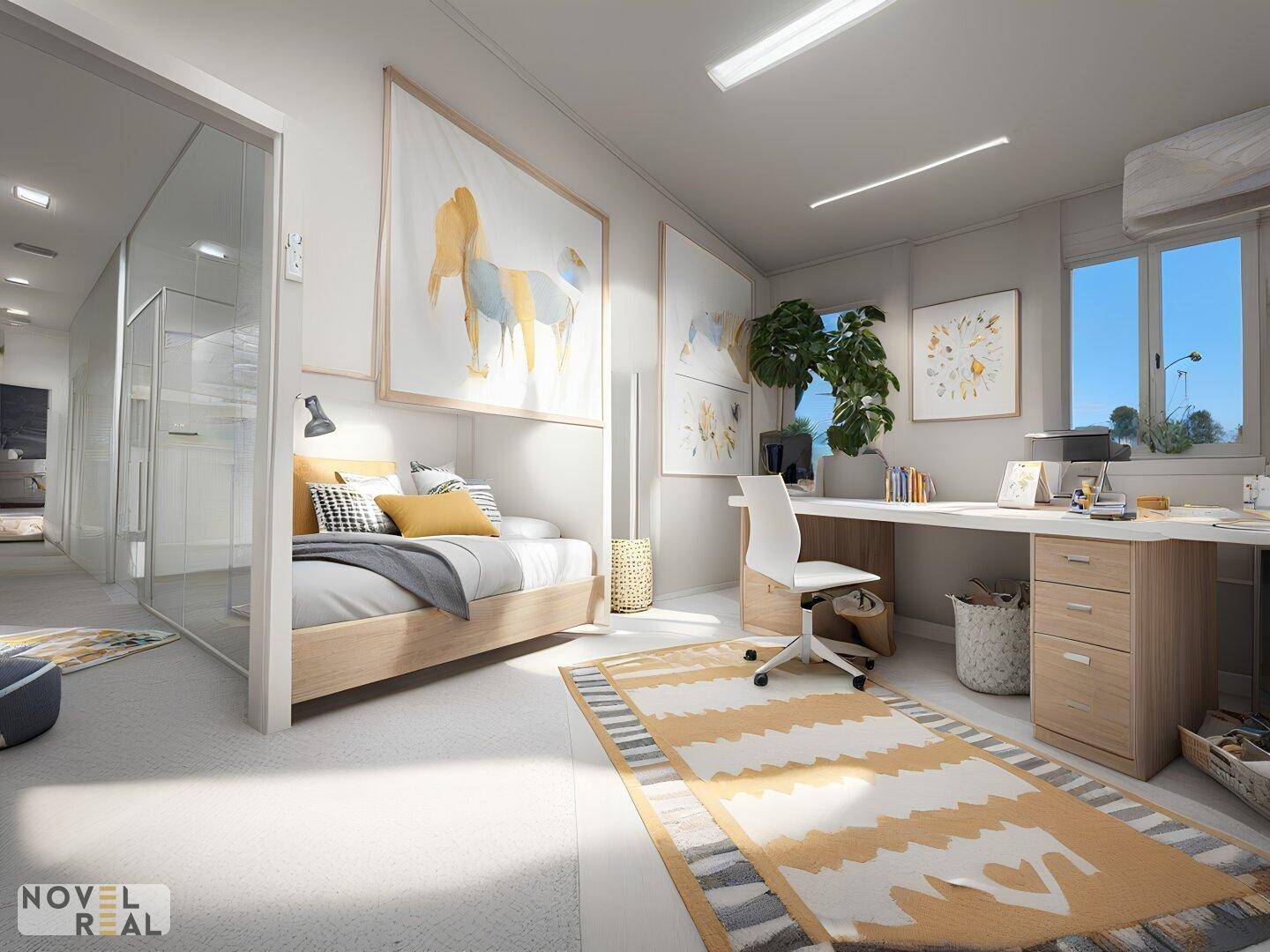 Helles Schlafzimmer mit integriertem Arbeitsbereich, großem Bett und farbenfrohen Teppich.