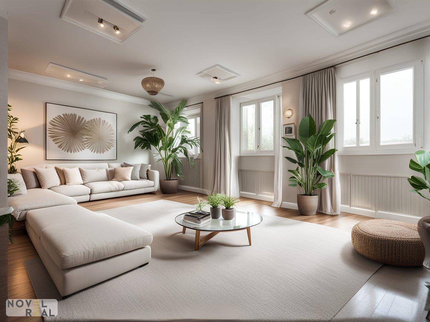 Geräumiges Wohnzimmer mit großem Ecksofa, vielen Pflanzen und hellen Fenstern.