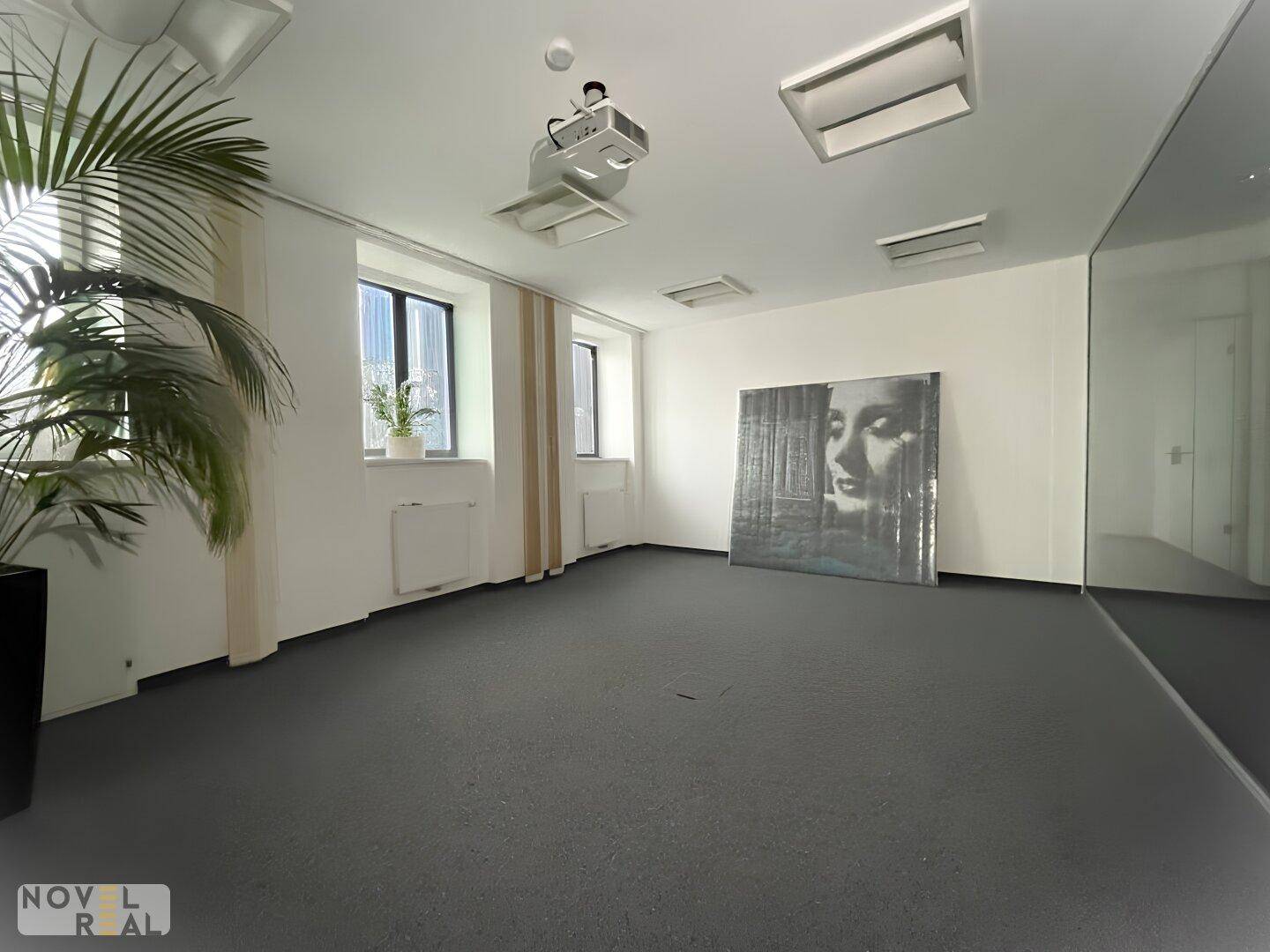Großer Büroraum mit Teppichboden, Projektor und dekorativer Palme neben den Fenstern.