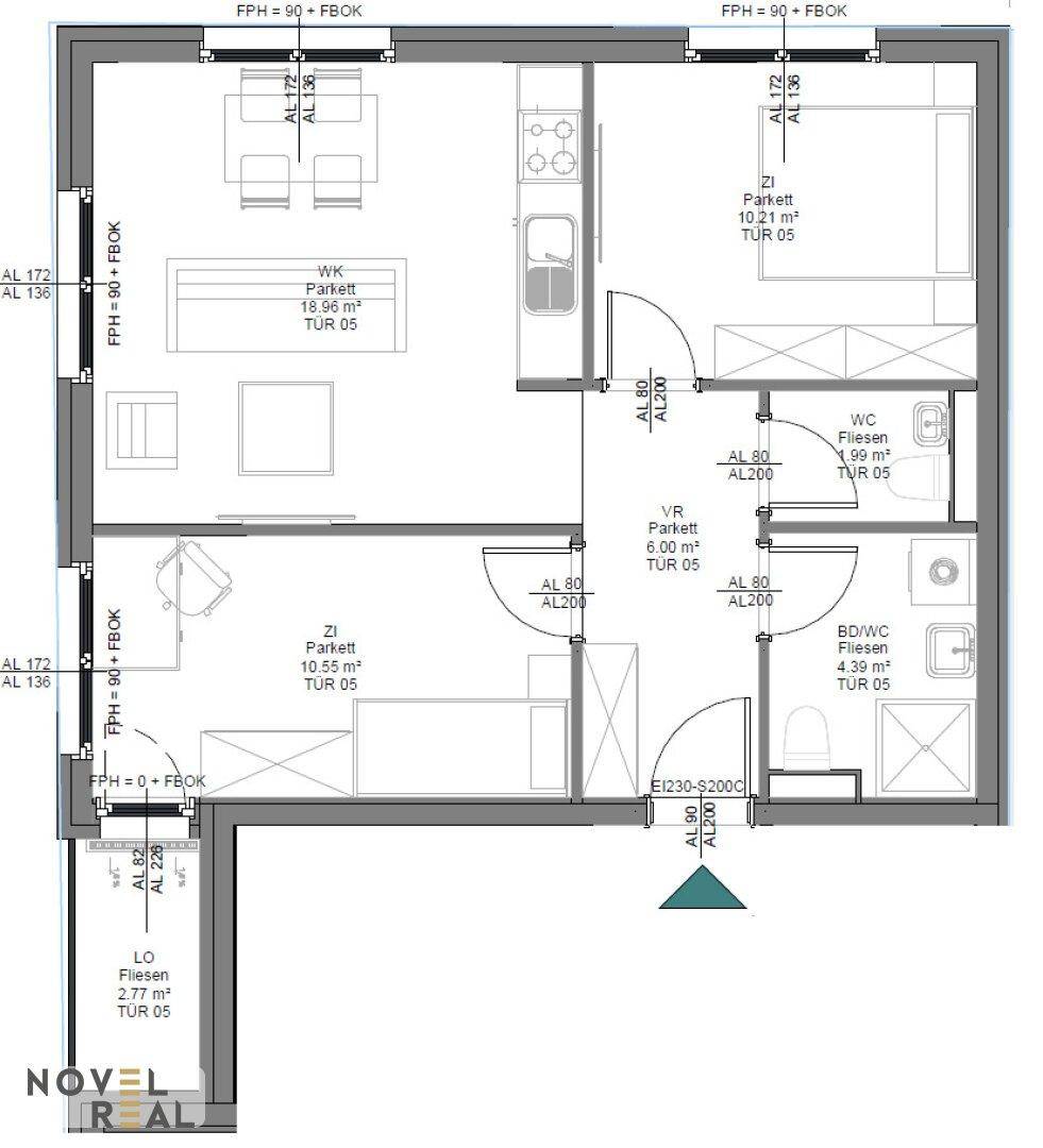 Detaillierter Grundriss einer Wohnung mit offenem Wohnbereich, Schlafzimmern und Balkon.