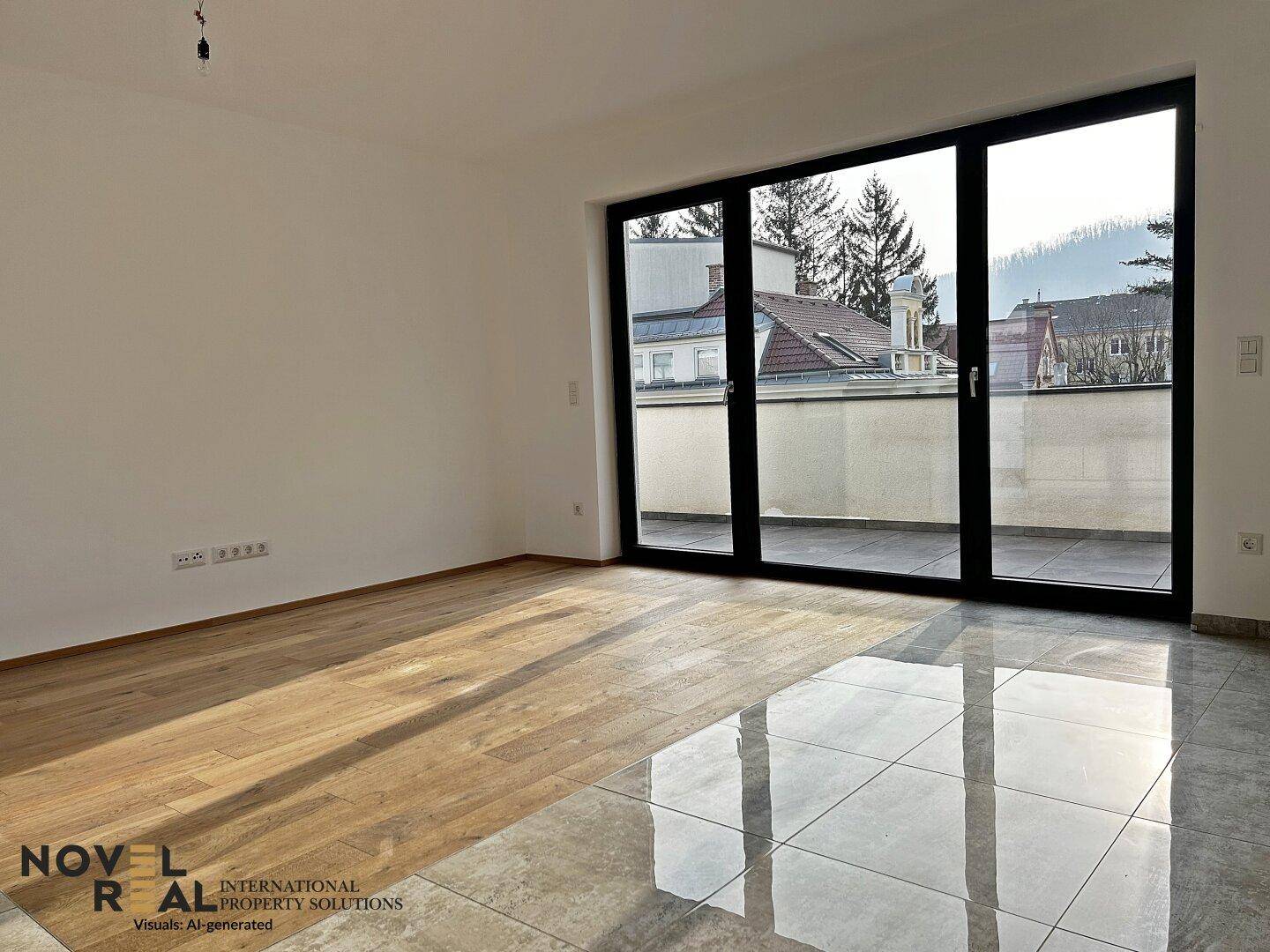 Lichtdurchfluteter Wohnraum mit großen Fenstern und Zugang zu einer Terrasse.