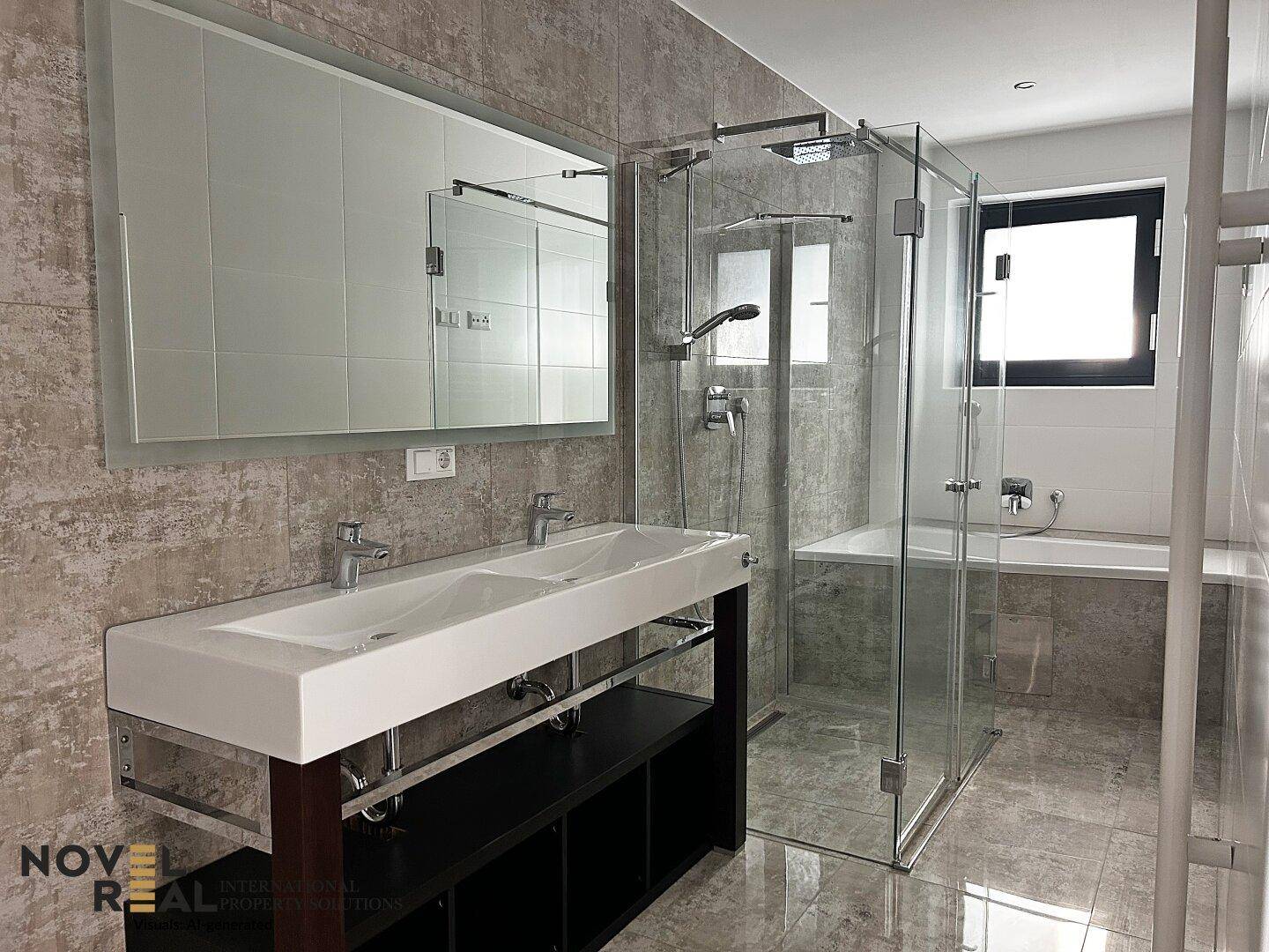 Modernes Badezimmer mit Doppelwaschbecken, großer Dusche und Badewanne.