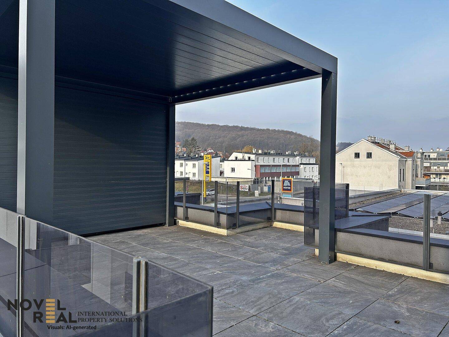 Große Dachterrasse mit moderner Pergola und weitem Blick über die Stadt.