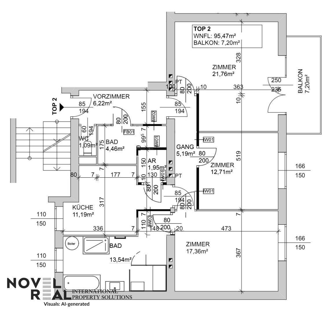 Grundriss der Wohnung mit mehreren Zimmern, Küche, Bädern und Balkon.