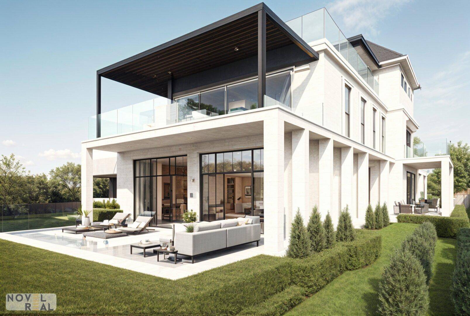 Moderne Villa mit großem Poolbereich, Liegestühlen und gepflegtem Rasen.
