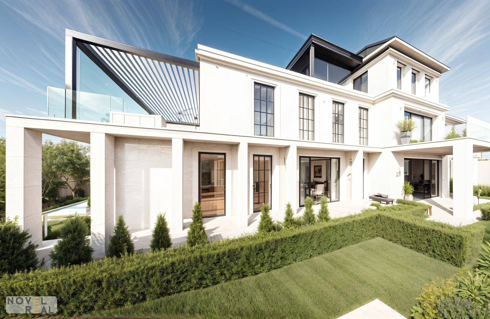 Rückansicht der modernen Villa mit weitläufigem Garten und großzügigen Terrassenbereichen.