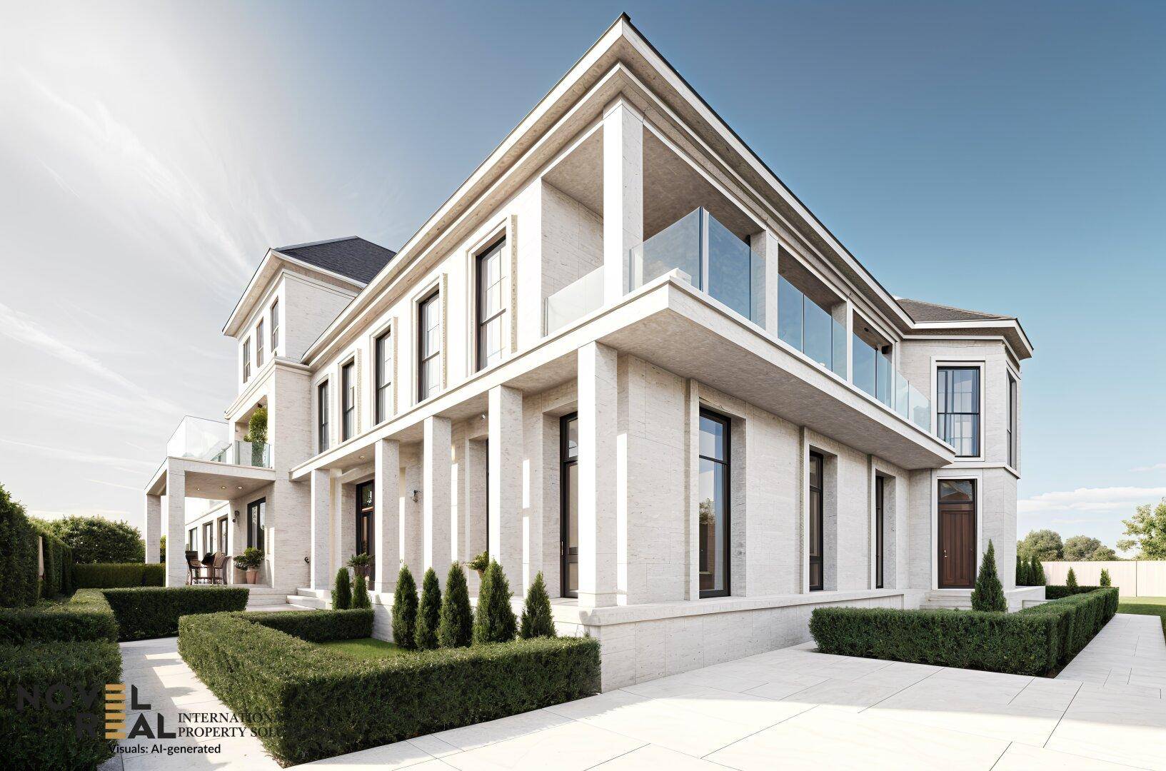 Stilvolle Villa mit Säulen, großen Fenstern und Glasbalkonen in sonniger Umgebung.