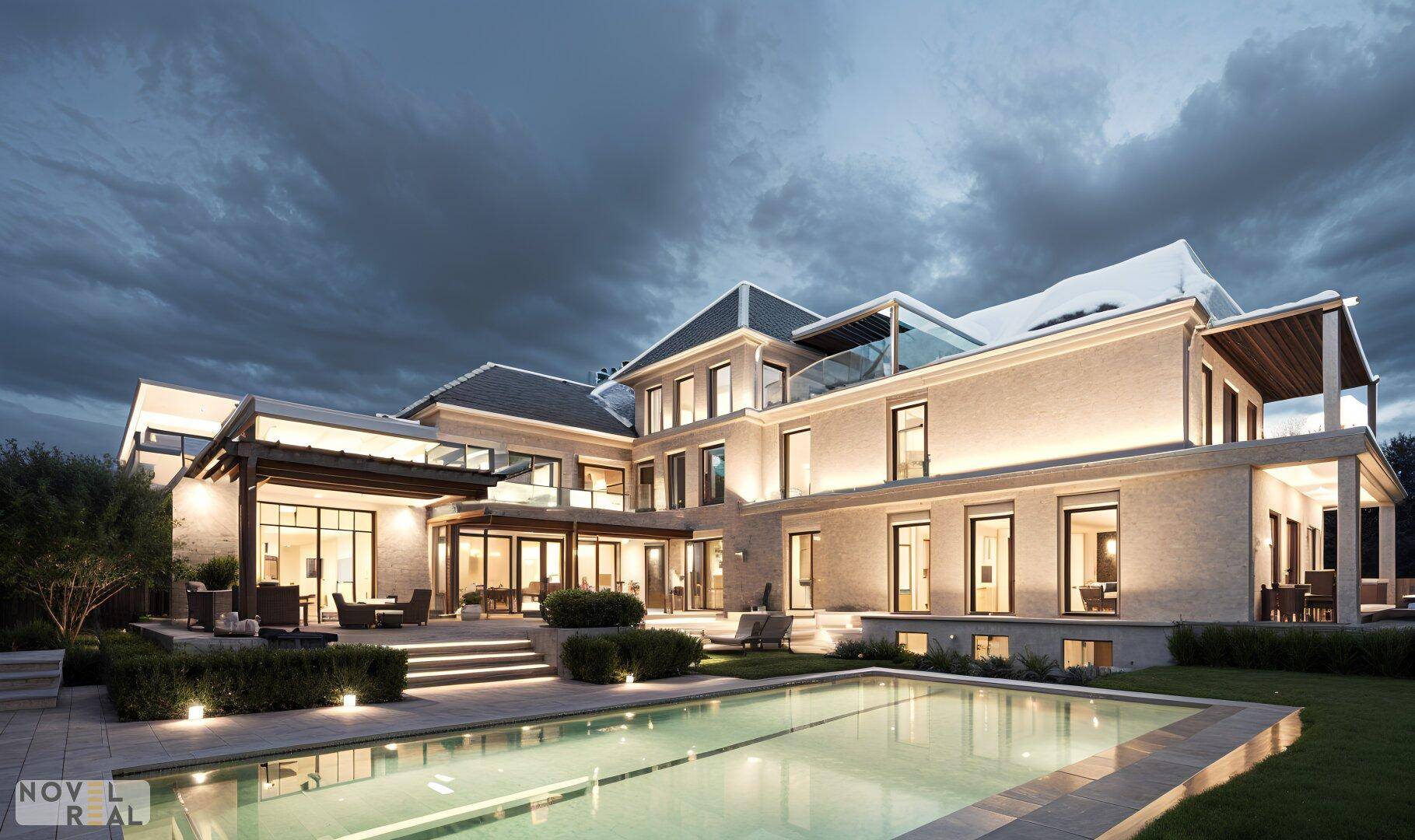 Luxuriöse Villa bei Dämmerung mit beleuchtetem Pool und weitläufiger Gartenlandschaft.