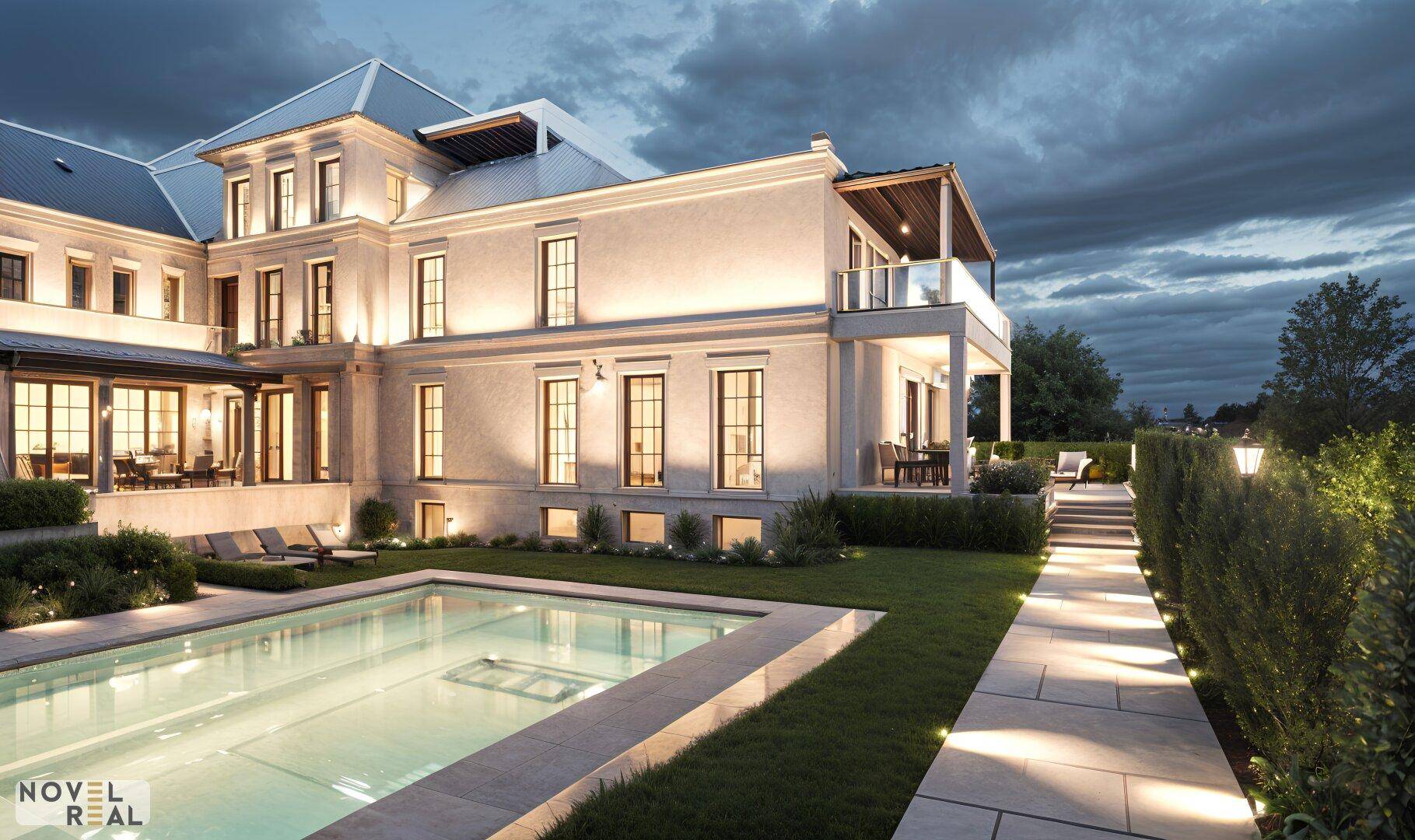 Luxuriöse Villa bei Dämmerung mit beleuchtetem Pool und weitläufiger Gartenlandschaft.