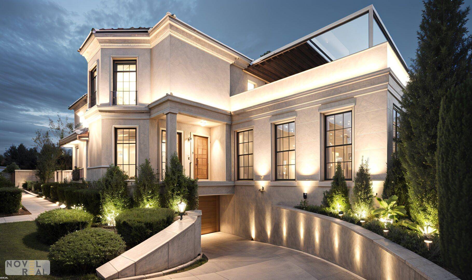 Elegante Villa bei Nacht mit stimmungsvoller Beleuchtung und geschwungener Auffahrt.