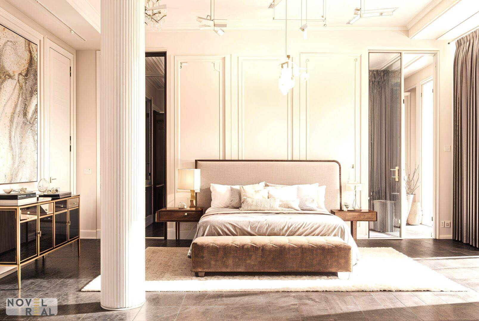 Helles Schlafzimmer mit modernem Bett, stilvollen Möbeln und dunklem Parkettboden.