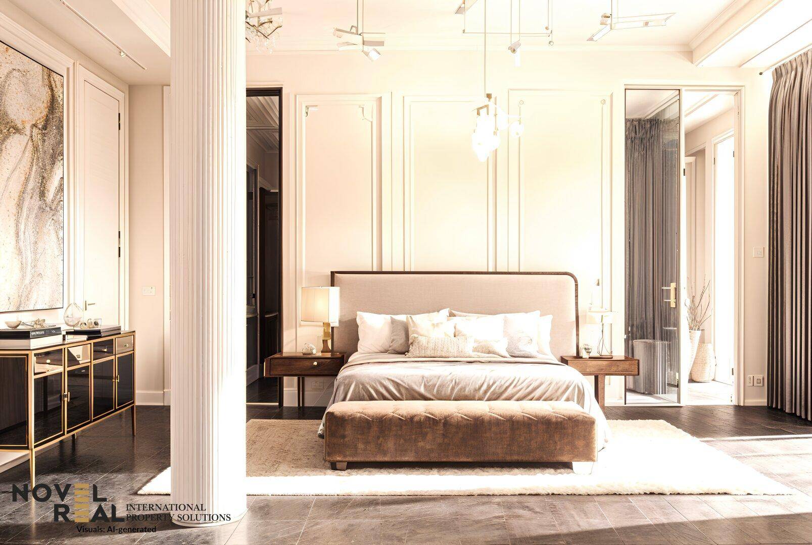 Helles Schlafzimmer mit modernem Bett, eleganten Wandpaneelen und dunklem Boden.