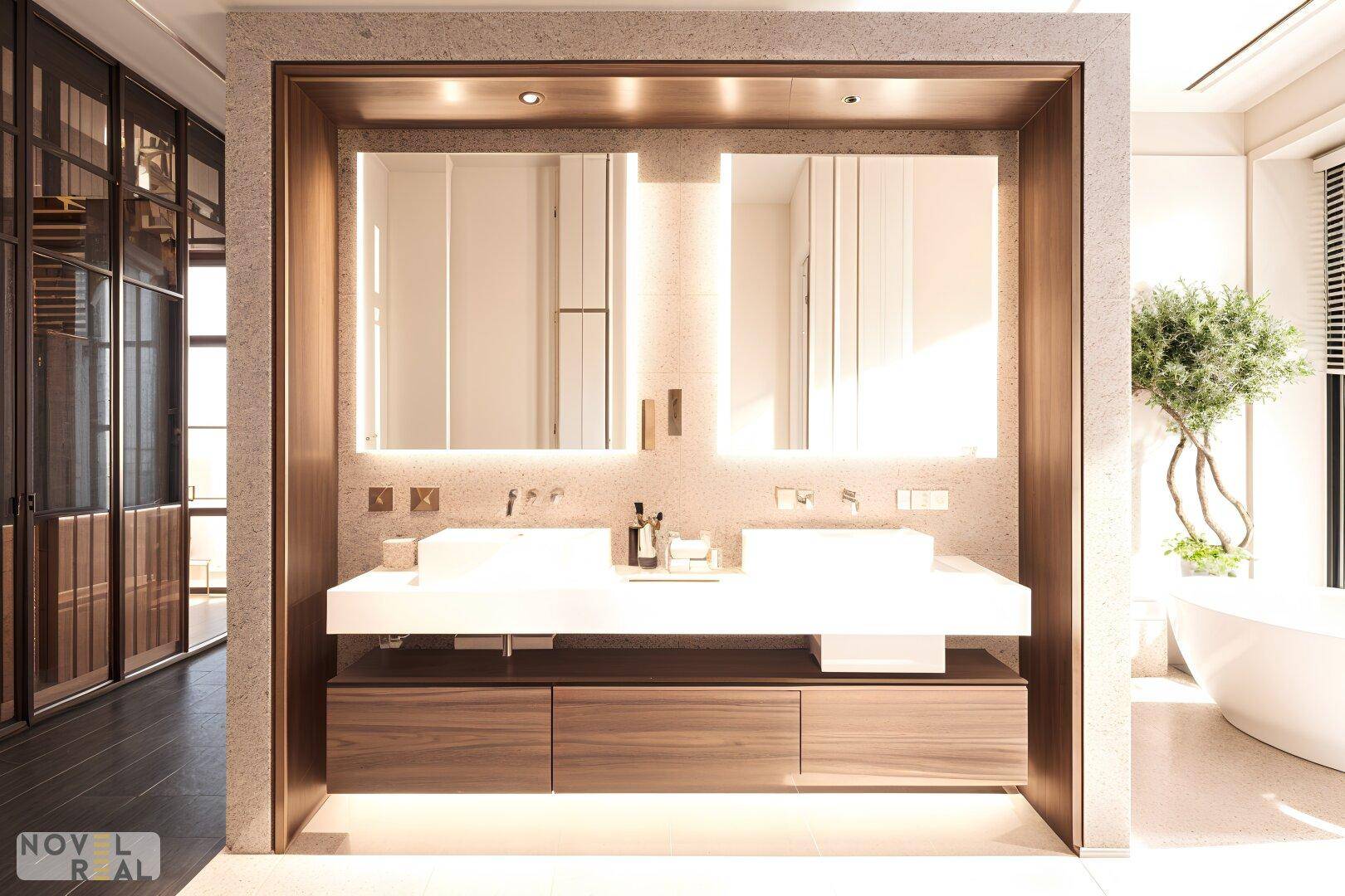 Luxuriöses Badezimmer mit Doppelwaschbecken, beleuchteten Spiegeln und freistehender Badewanne.