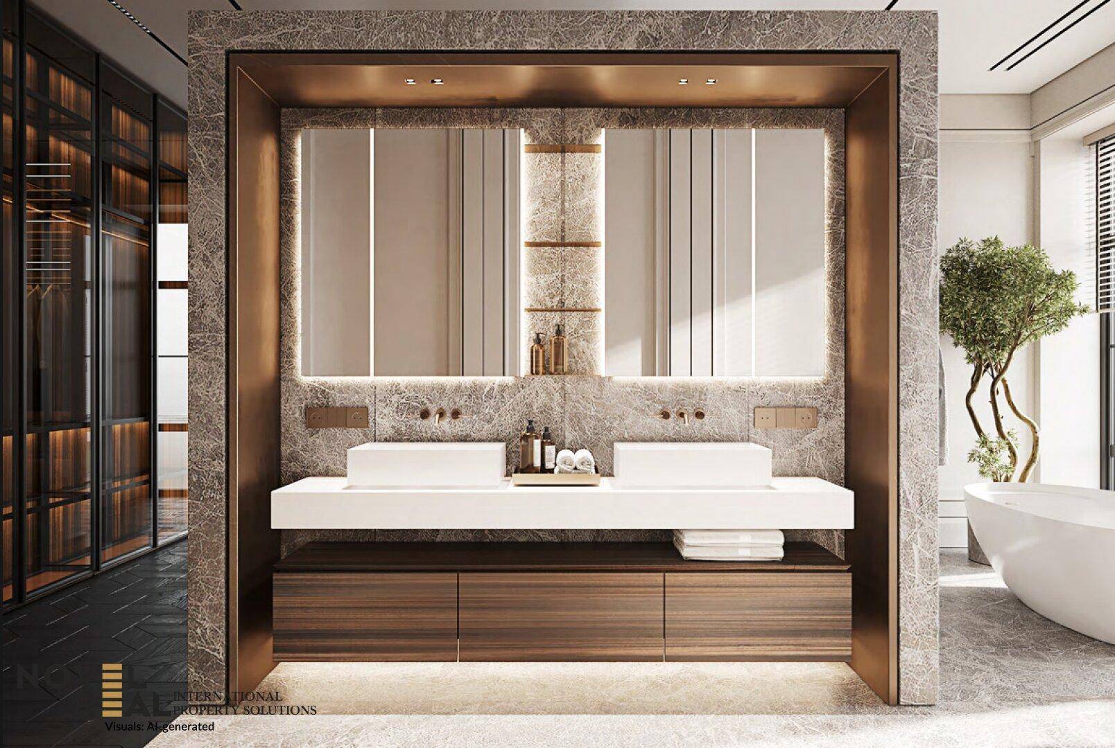 Luxuriöses Badezimmer mit Doppelwaschbecken, Spiegelschränken und Marmoroberflächen.