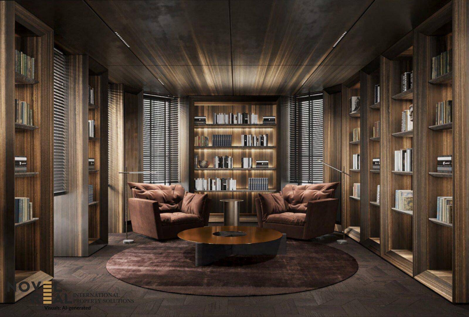 Luxuriöse Bibliothek mit dunklem Holz, eingebauten Regalen und bequemen Sesseln.