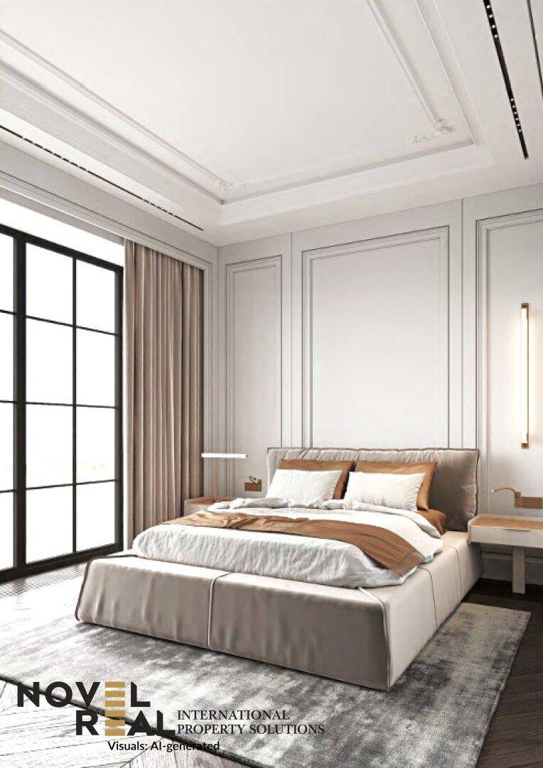 Helles Schlafzimmer mit elegantem Bett, hohen Decken und großen Fenstern für viel Tageslicht.