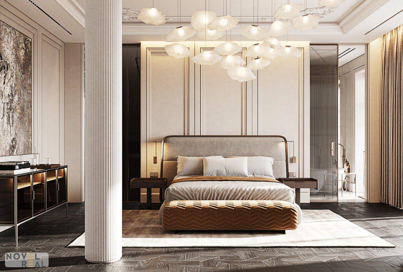 Elegantes Schlafzimmer mit auffälliger Deckenleuchte, hohen Decken und stilvoller Wandgestaltung.
