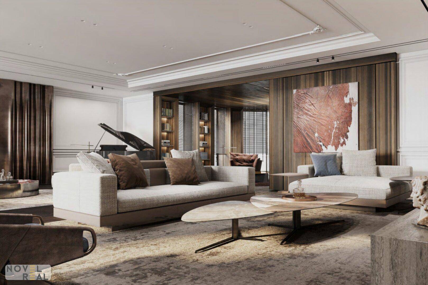 Geräumiges Wohnzimmer mit modernen Sofas, Flügel und Holzwandverkleidung.