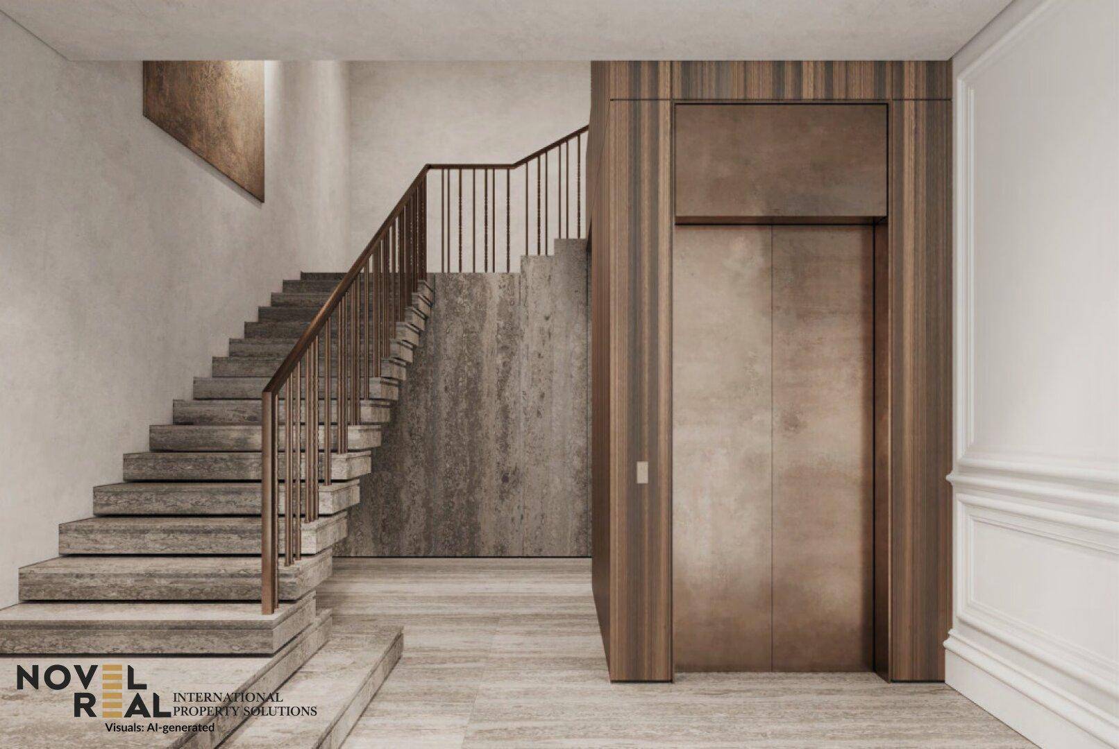 Elegantes Treppenhaus mit Naturstein und modernem Aufzug in einem luxuriösen Gebäude.