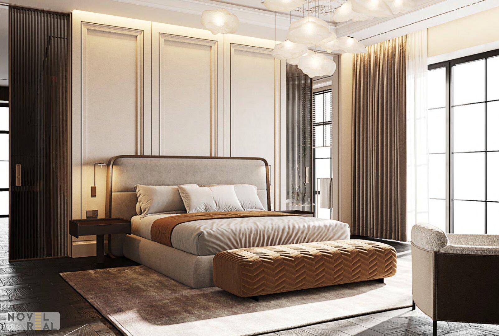 Stilvolles Schlafzimmer mit beigem Bett, dekorativer Wandverkleidung und dunklem Parkett.