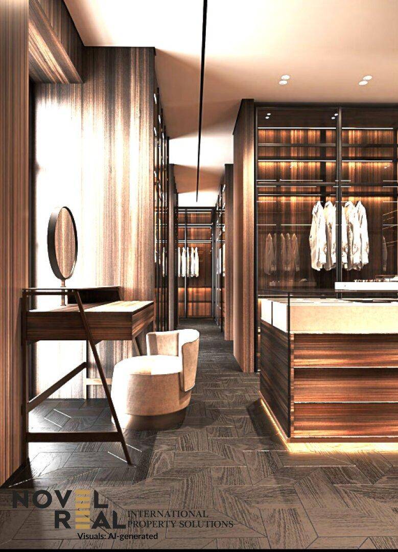 Begehbarer Kleiderschrank mit integriertem Schminktisch, Spiegel und weiteren eleganten Einbauschränken.