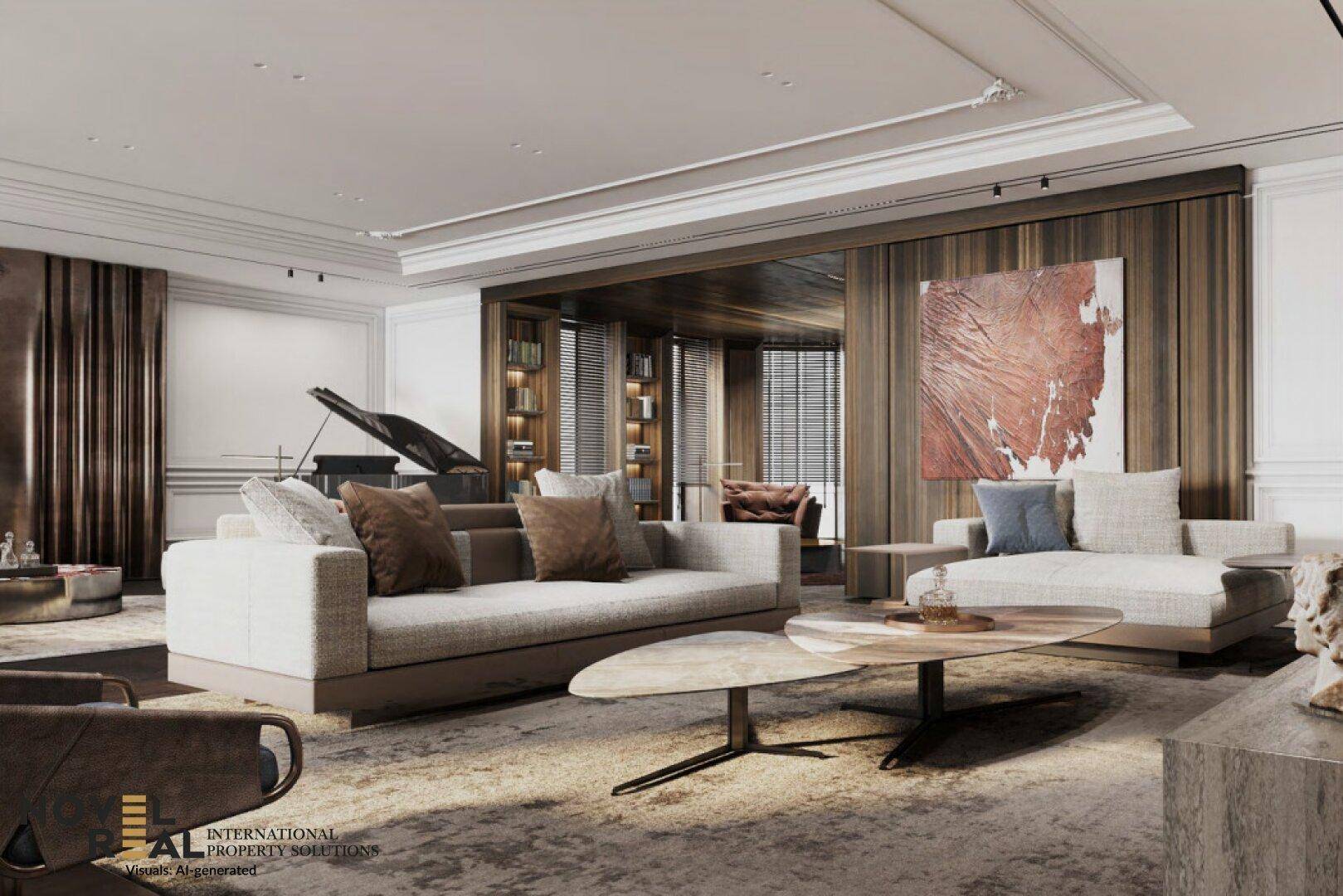 Geräumiges Wohnzimmer mit großem Sofa, modernem Couchtisch und einem eleganten Flügel im Hintergrund.