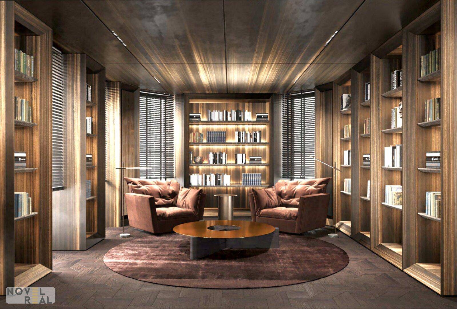 Gemütliche Bibliothek mit dunklen Holzwänden, eingebauten Bücherregalen und bequemen Sesseln.
