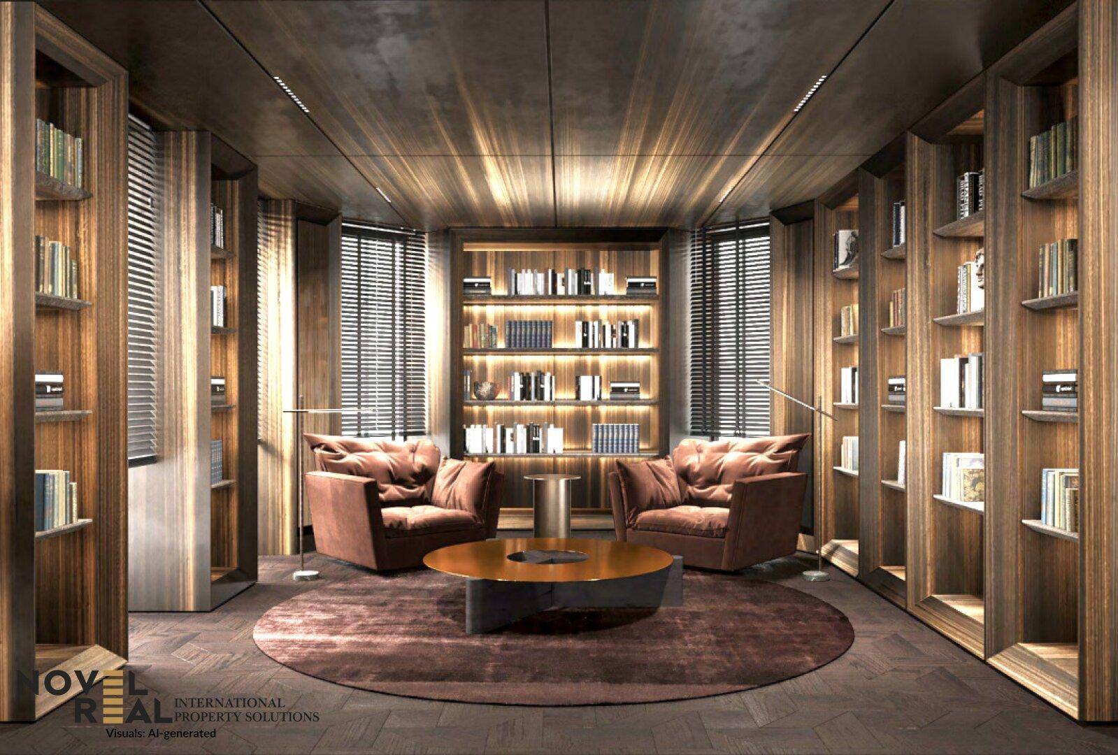 Elegante Bibliothek mit raumhohen Holzregalen, bequemen Sesseln und stimmungsvoller Beleuchtung.