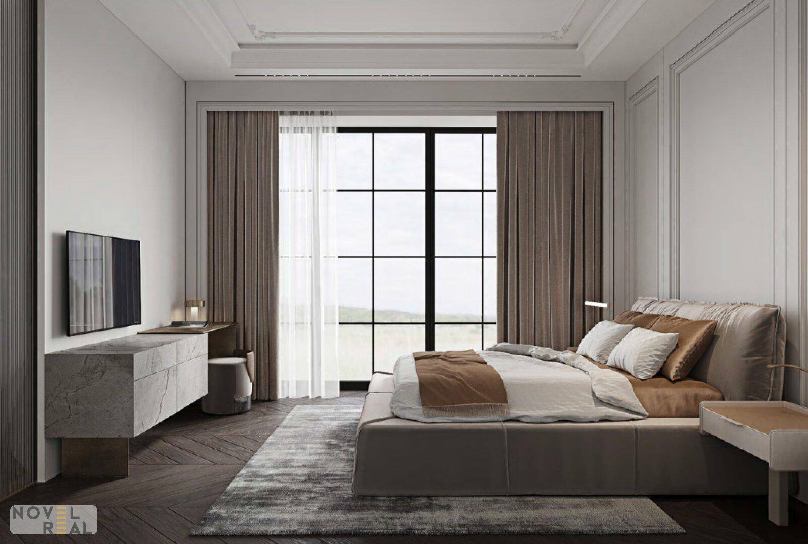 Modernes Schlafzimmer mit großem Fenster, Holzboden und eleganter Einrichtung.