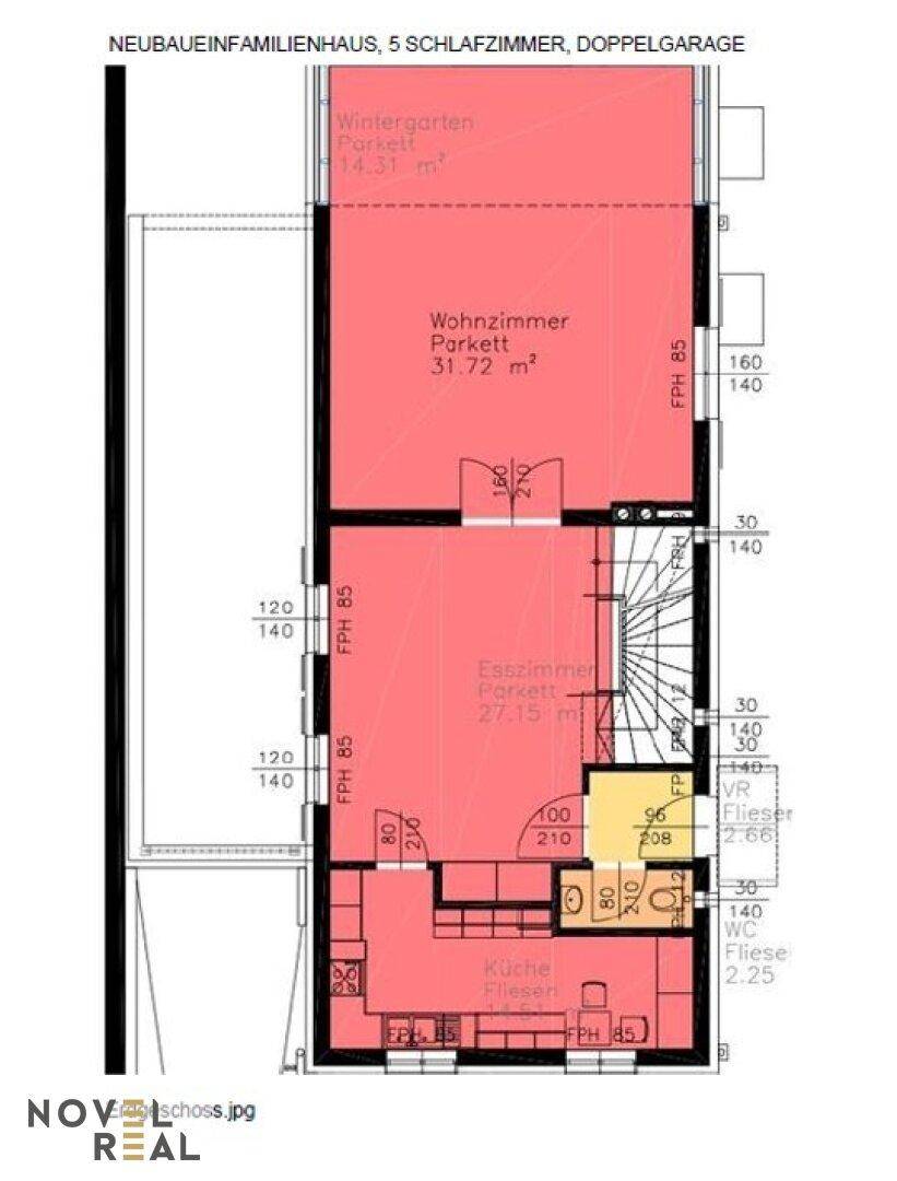 Grundriss des Erdgeschosses mit Wohnzimmer, Esszimmer, Küche, Wintergarten und Gäste-WC.