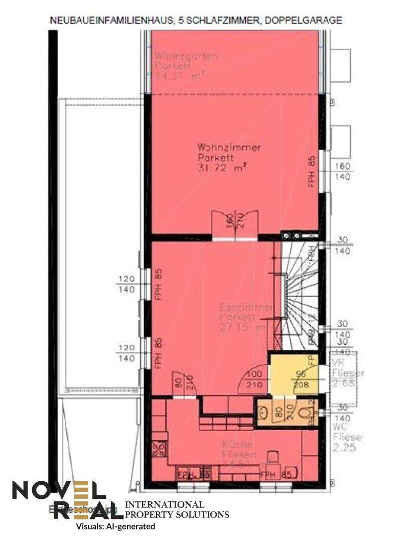Grundriss des Erdgeschosses mit offenem Wohn- und Essbereich, Küche und Wintergarten.