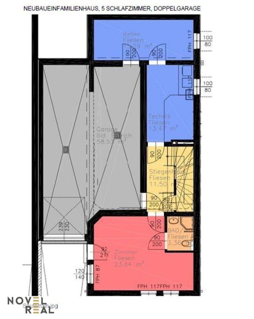 Grundriss des Kellergeschosses mit Garage, Keller, Technikraum und einem Schlafzimmer mit Bad.