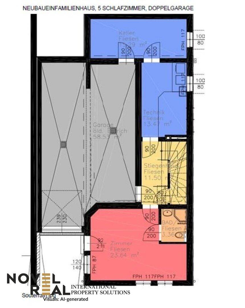 Grundriss des Kellergeschosses mit großer Doppelgarage, Kellerraum, Technikraum und einem Badezimmer.