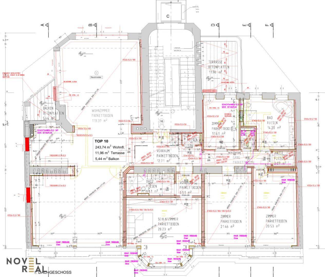 Detaillierter Grundriss mit Wohnflächenangaben, Balkon und Terrasse.